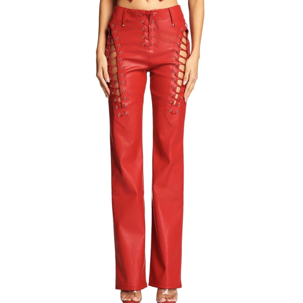 I Am Gia Red Xenia Leather Tie Pants